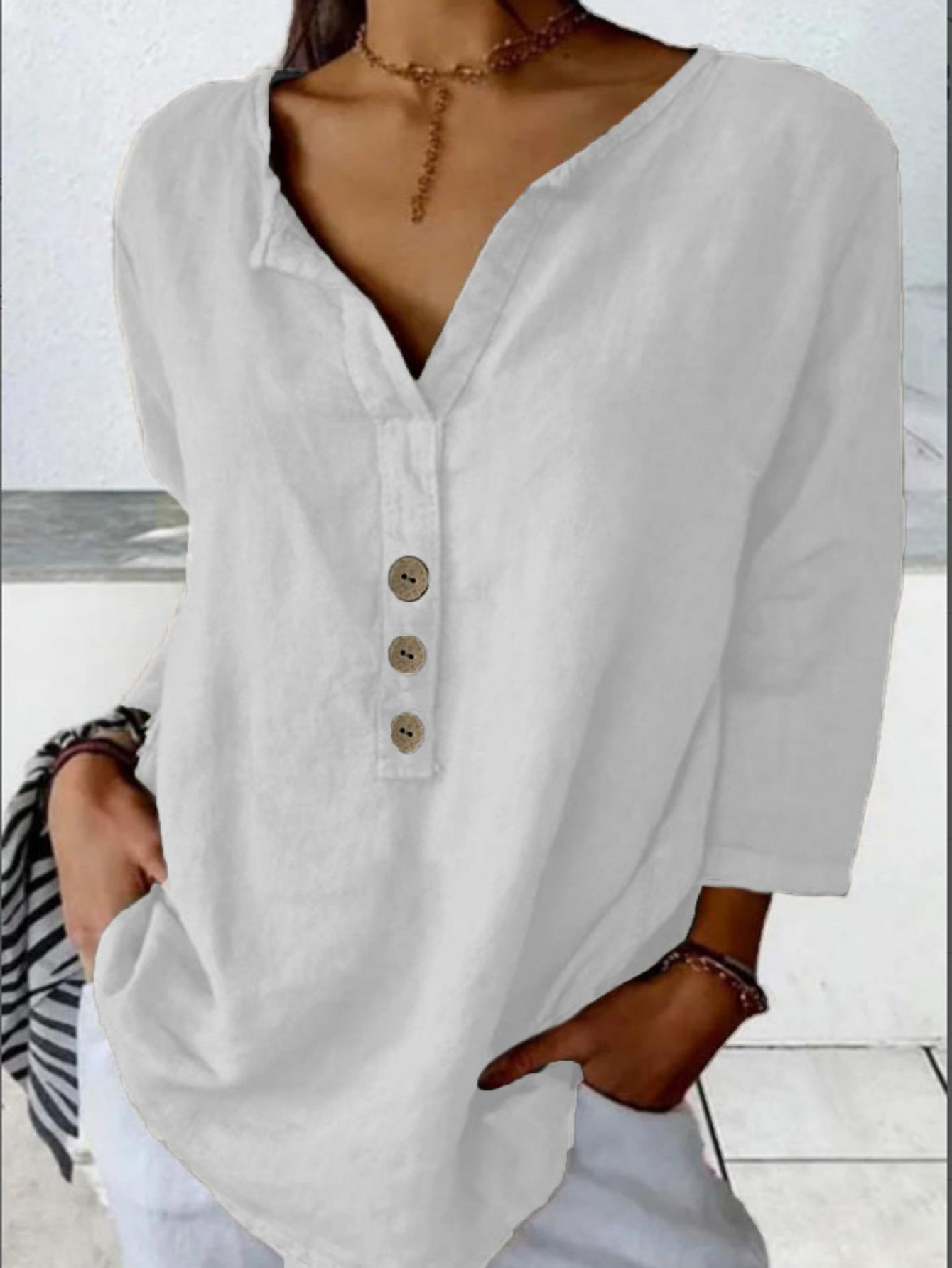 Solid Color Notched Collar Shirt Casual Button-down Shirt