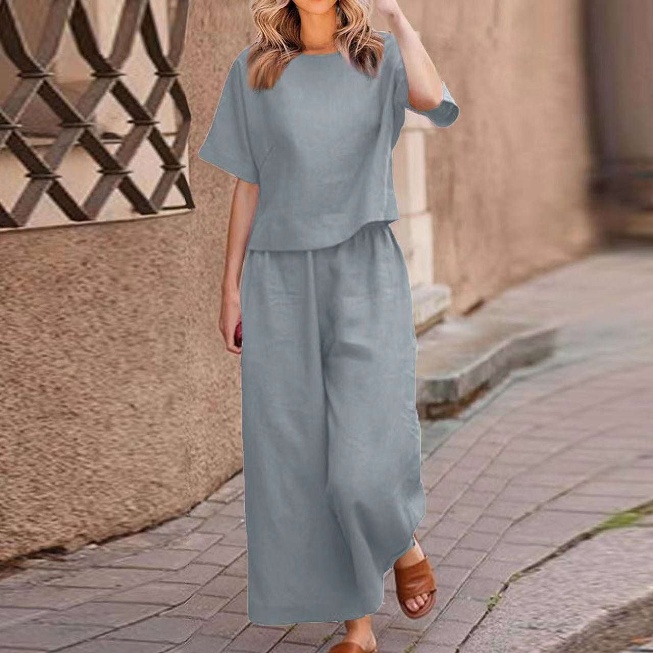 European And American Women's Linen Casual Loose Solid Color Suit Two-piece Women