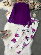 2025 New Elegant And Fashionable Casual Floral Print Set, Double Breasted Purple Suit Jacket And Floral Print High Waisted Slim Pants, Spring And Autumn Women's Clothing