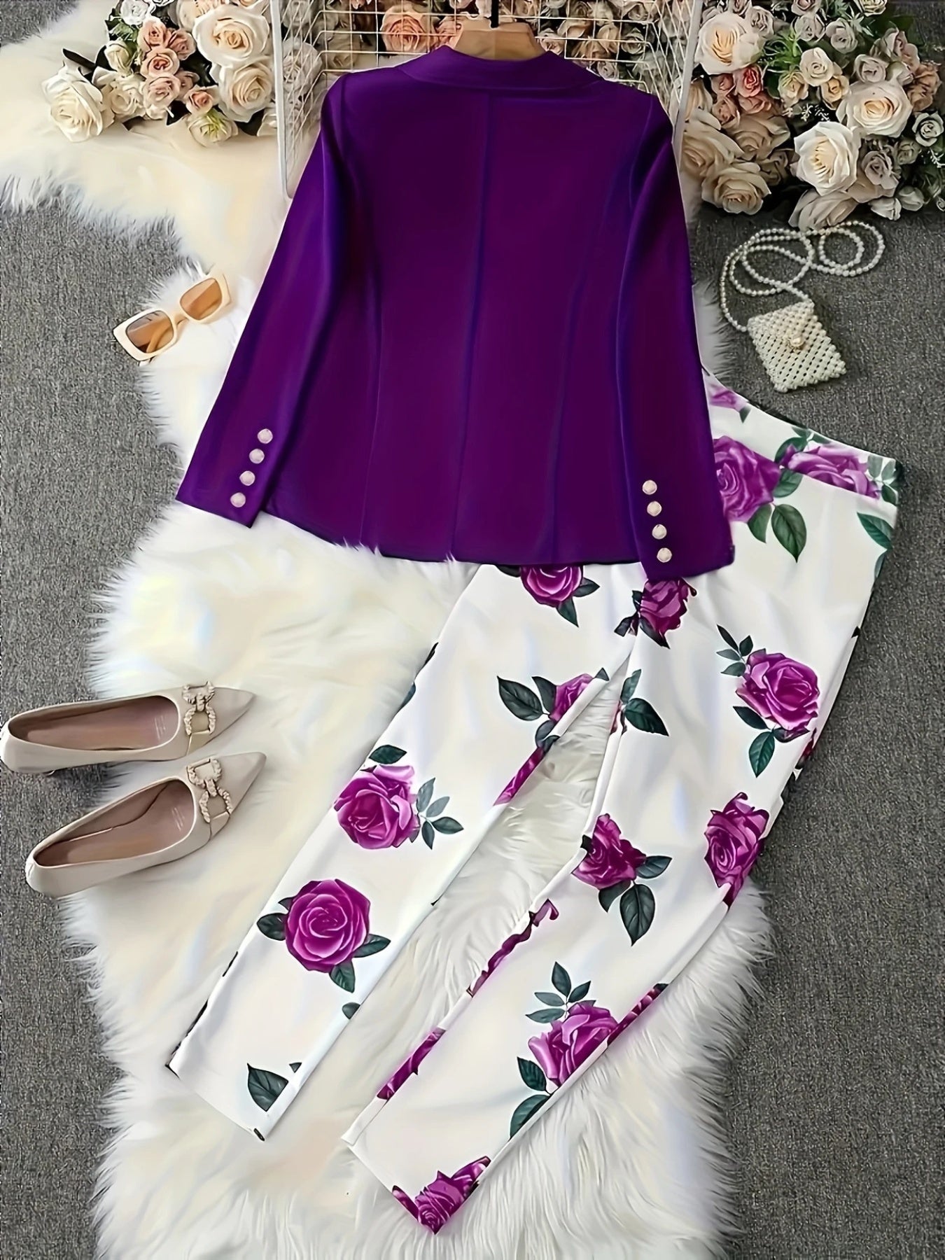 2025 New Elegant And Fashionable Casual Floral Print Set, Double Breasted Purple Suit Jacket And Floral Print High Waisted Slim Pants, Spring And Autumn Women's Clothing