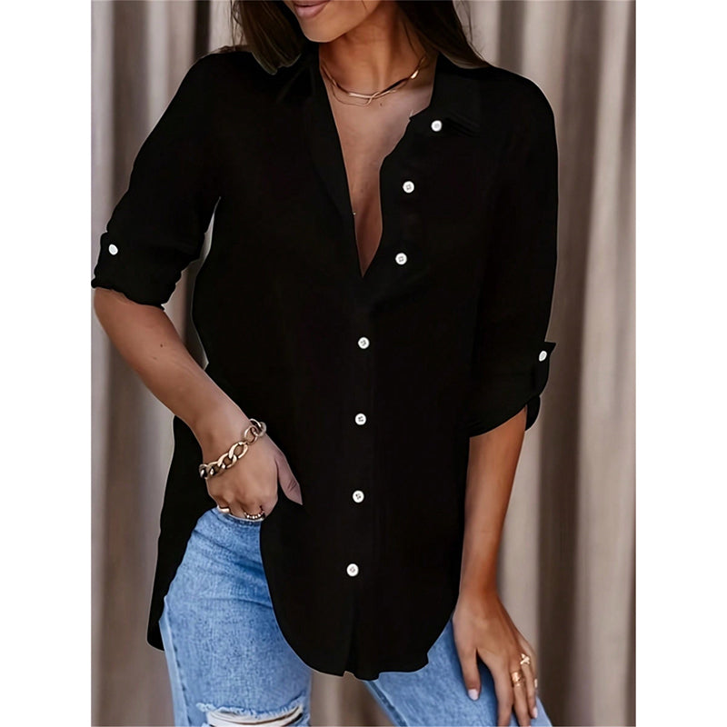 Women's Casual Long Sleeve Button-Down Shirt With Roll-Up Sleeves, Stylish Mid-Length Blouse For Everyday Wear