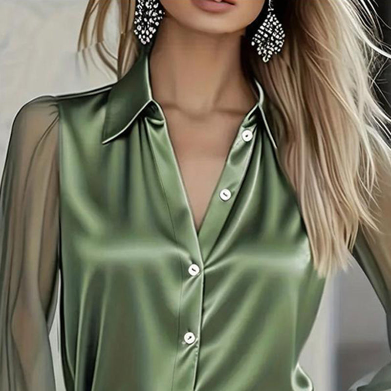 Women's Elegant Satin Blouse With Mesh Sleeves, Solid Color Chic Button-Up Shirt