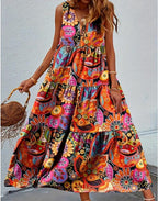 Bohemian Plus Size Dresses Loose Round Neck Ruffle Big Swing Print Spring Summer Casual Sleeveless Hem