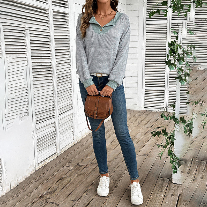 Women's Color Block Pullover - Spring Fall V-Neck Long Sleeve Casual Loose Top