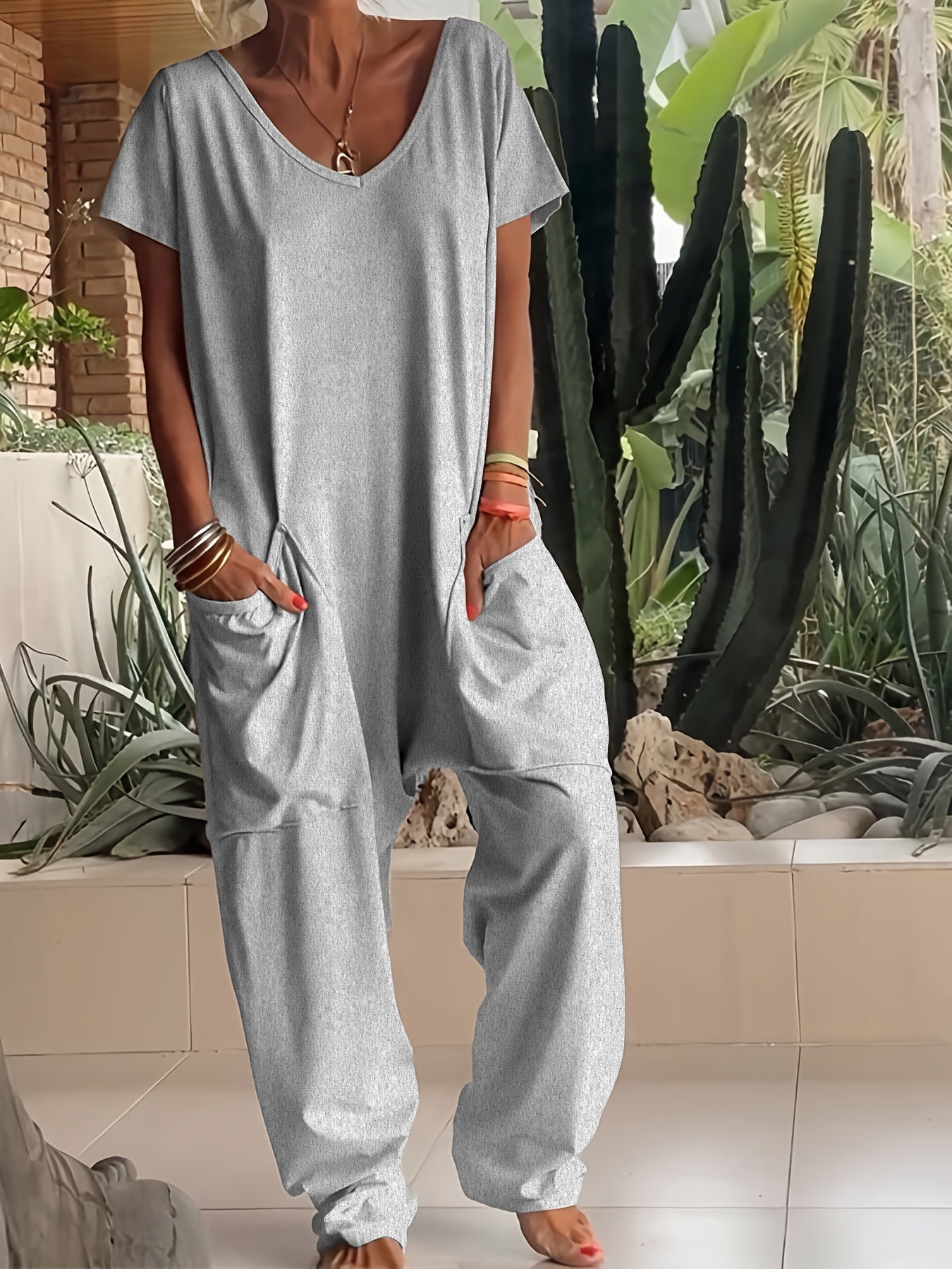 European And American Solid Color And V-neck Oversized Pocket Low-grade Jumpsuit