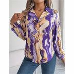 Women Fashion Button Down Shirts V Neck Printed Long Sleeve Blouses Dressy Casual Fall Tops