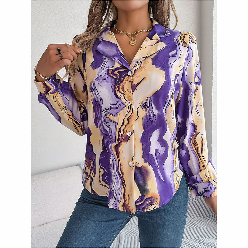 Women Fashion Button Down Shirts V Neck Printed Long Sleeve Blouses Dressy Casual Fall Tops
