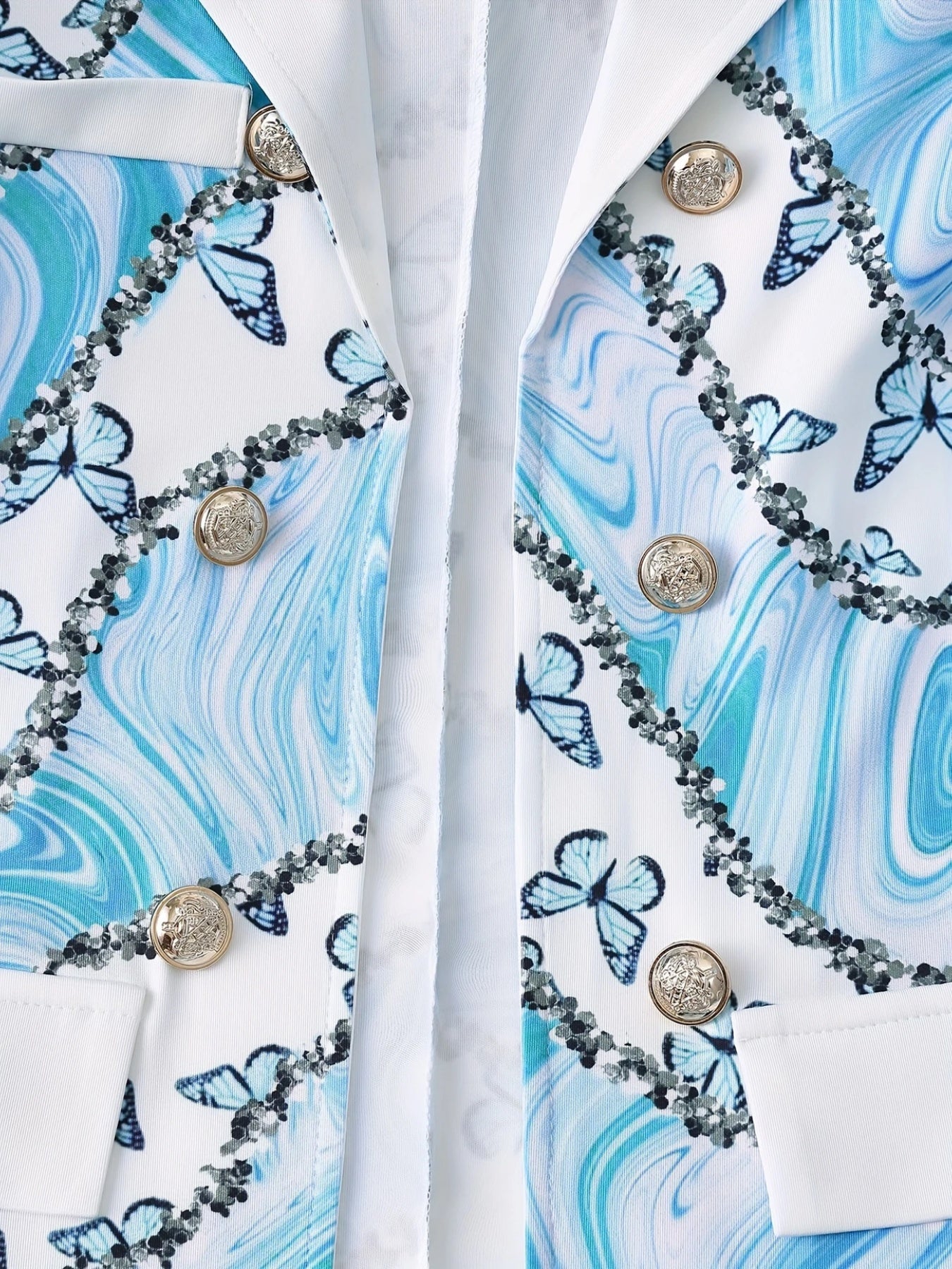 2025 New Elegant And Fashionable Two-piece Set, Featuring A Blue Butterfly Marble Gradient Print Lapel Double Breasted Long Sleeved Suit Jacket And Solid Color High Waisted Slim Pants, To Be Your Own