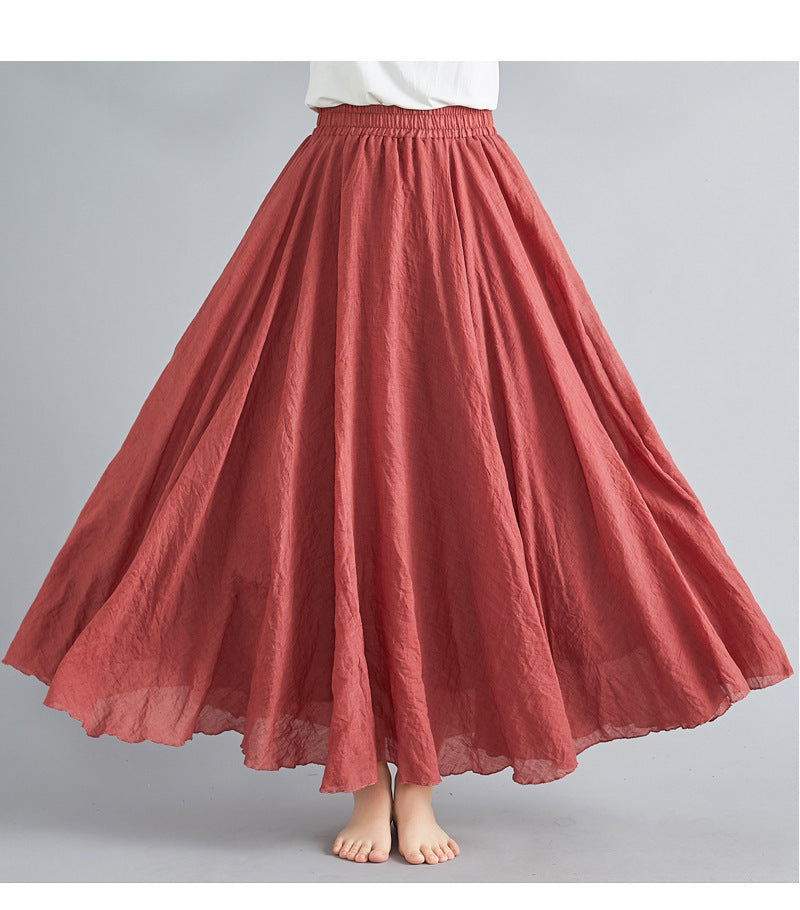 Mori Girl Art Plus Size Cotton And Linen Skirt Elastic Waist Linen A-line Skirt