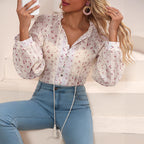 Boho Chic Women's Blouse, Floral Print V Neck Lantern Sleeve Sheer Top For Elegant Casual Wear