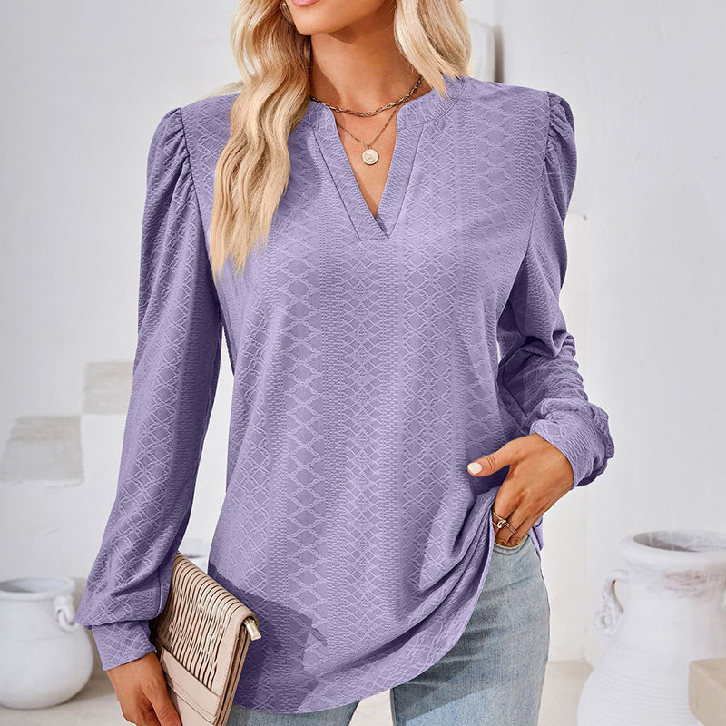 Women's Puff Sleeve V-Neck Blouse, Loose Long Sleeve Casual Work Top