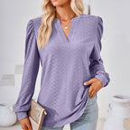 Women's Puff Sleeve V-Neck Blouse, Loose Long Sleeve Casual Work Top