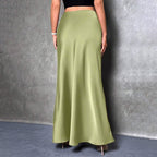 Women's Elegant Satin High Waist Flared Midi Skirt Cocktail Party Wedding Long Skirt