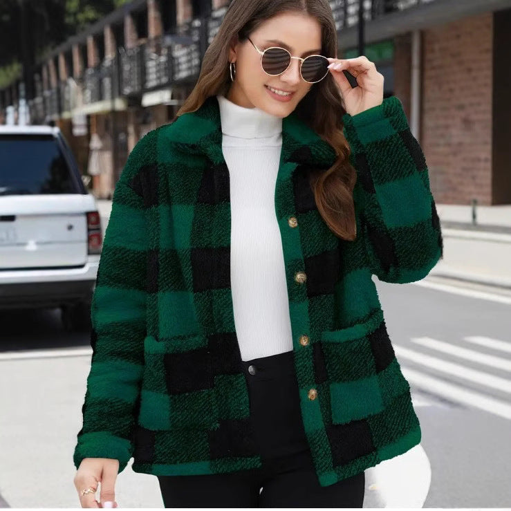 Women's Plaid Plush Long-sleeved Winter Fashion Casual Jacket