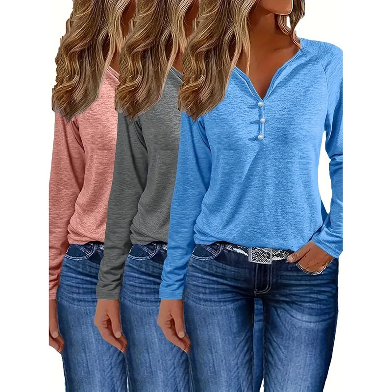 3-Pack Notch V Neck Long Sleeve Shirts Women Loose Fit Tshirts Tee Casual Tops