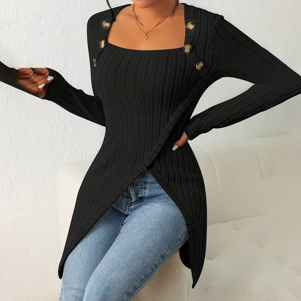 Elegant Women's Solid Color Slim-Fit Long Sleeve Top - Square Neck & Button Detail With Asymmetric Hem, Casual Fall&Spring Blouse