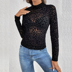 Women's Solid Color Stand Collar Long Sleeve Fitted Top, Sheer Leopard Print Pattern, Layering Base For Spring And Autumn