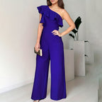 Women Summer Dressy Jumpsuits Sleeveless Ruffle One Shoulder Casual Wide Leg Pants Romper