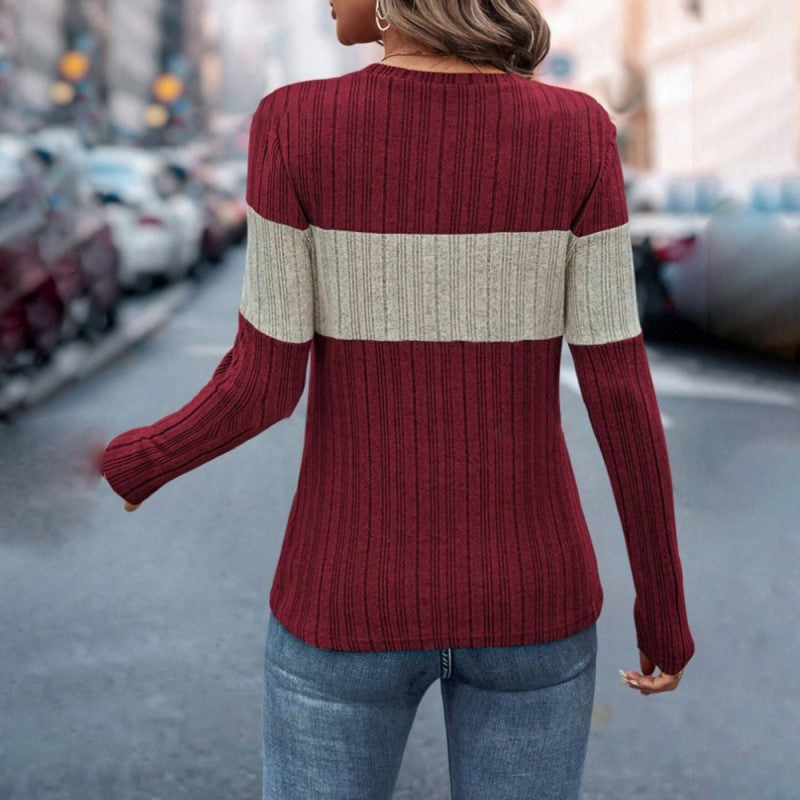 Women's Elegant Color-Block Round Neck Top - Basic Solid Color Contrast Casual Shirt For Fall&Winter