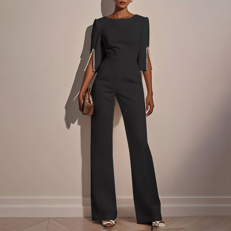 Women's Elegant Round Neck Jumpsuit - Mid-Sleeve With Side Slit Cuffs & Pearl Accents, Back Zipper Design For Casual To Formal Events