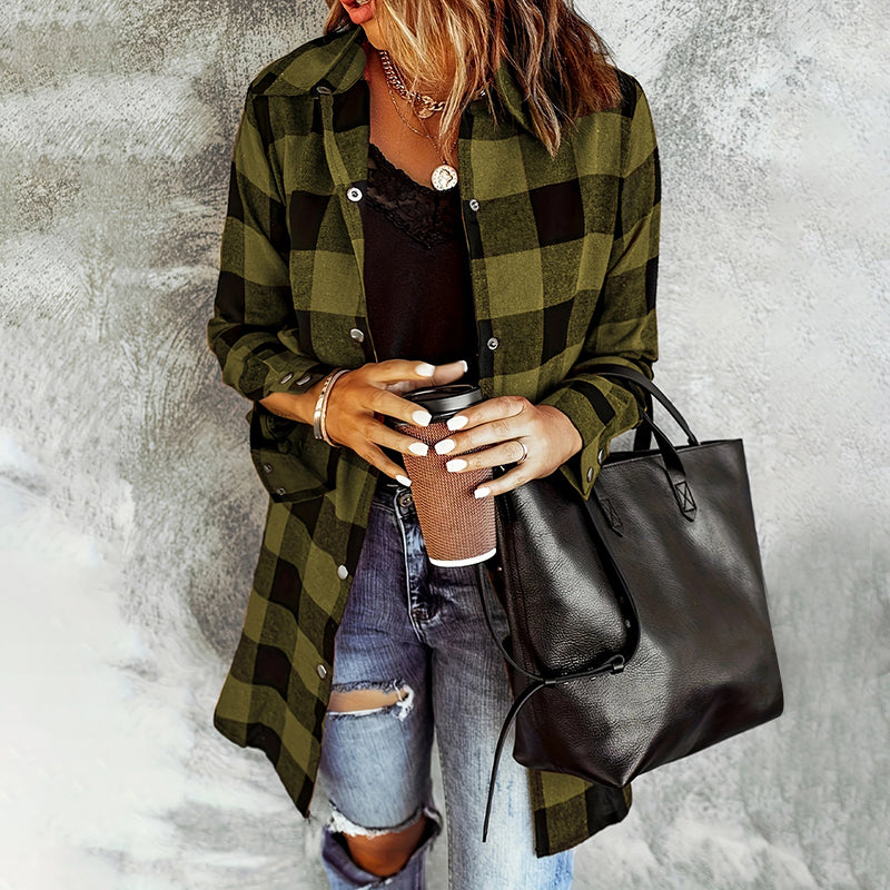 Women's Long Sleeve Plaid Print Button Front Casual Shirt For Spring & Fall