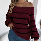 Women's Off The Shoulder Sweater - 2025 Fall Winter Striped Long Sleeve Pullover Top