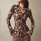 Women Button Down Floral Shirts 2025 Fall Trendy Long Sleeve V Neck Ruched Fitted Blouse Tops