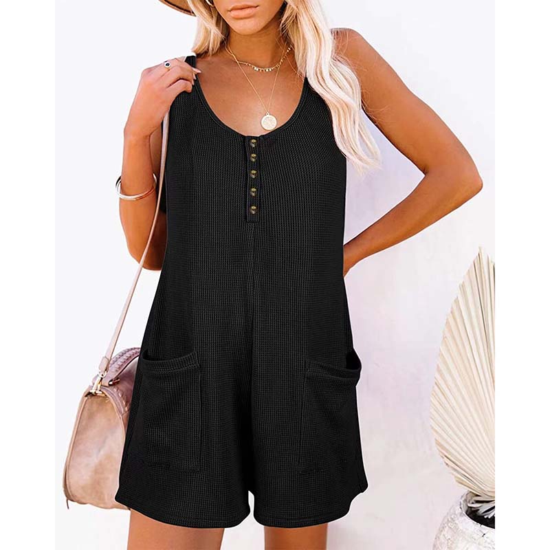 Women's Button Front Romper Jumpsuit With Pockets Casual Solid Color Sleeveless Summer Jumpsuit