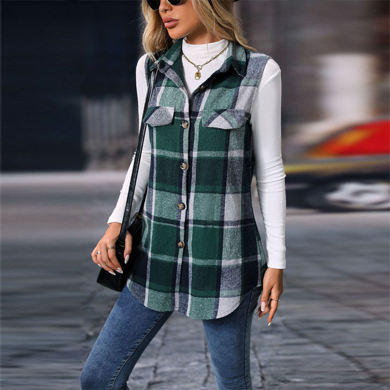 Women's Plaid Print Vest With Lapel Collar Long Sleeveless Button Front Mid-Length Jacket For Spring And Fall Layering