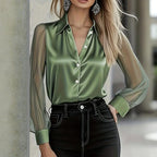 Women's Elegant Satin Blouse With Mesh Sleeves, Solid Color Chic Button-Up Shirt