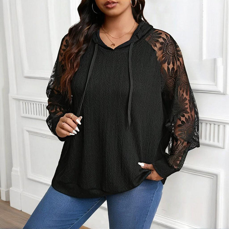 Women's Plus Size Hoodie Lace Long Sleeve Pullover Top, Fall Casual Drawstring Sweatshirt