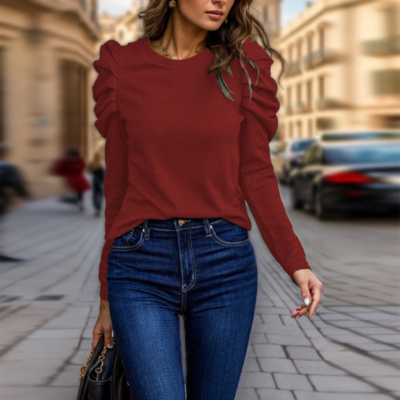 Women's Elegant Puff Sleeve Top, Ruffle Detail Long Sleeve Knit Blouse For Autumn And Winter