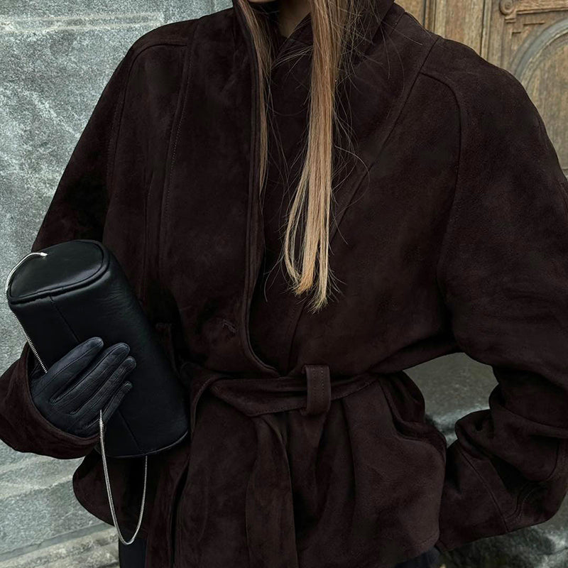 Women's Vintage Faux Suede Jacket - Self Tie Waist Belted Coat, Retro Solid Color