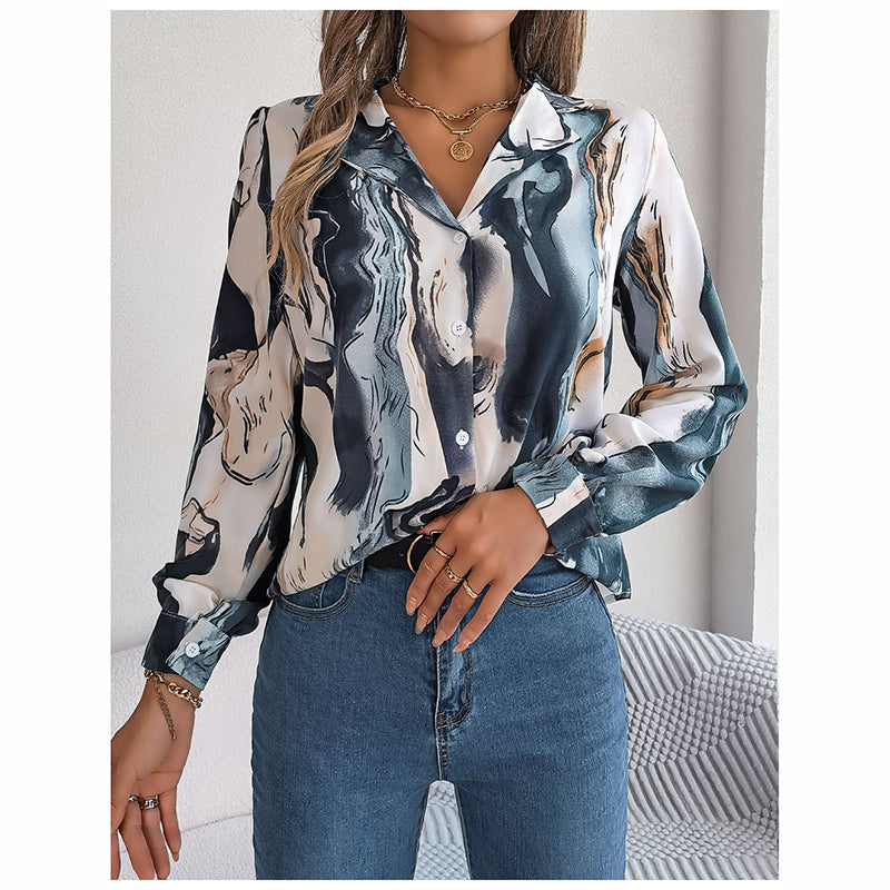 Women Fashion Button Down Shirts V Neck Printed Long Sleeve Blouses Dressy Casual Fall Tops