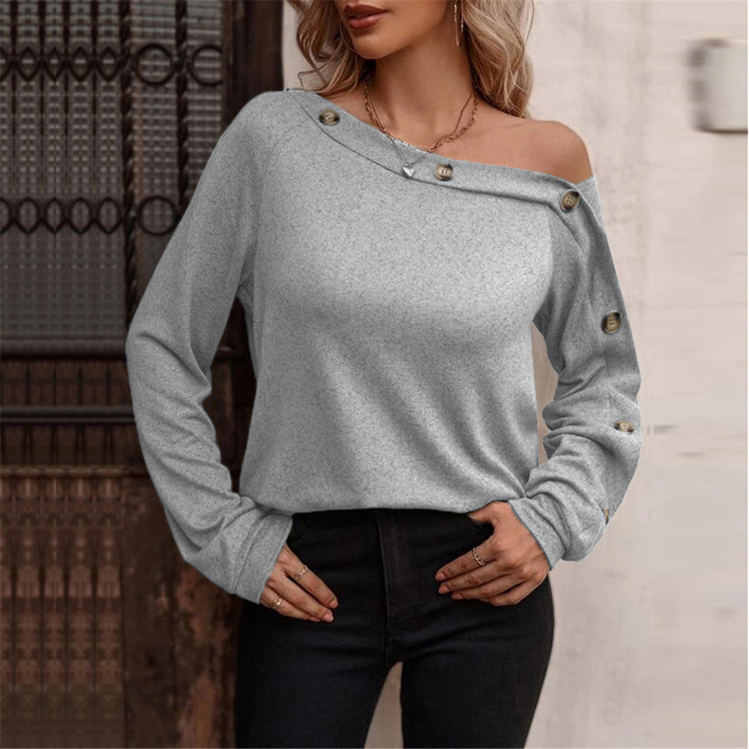 Women's Stylish Buttoned Off Shoulder Long Sleeve Top