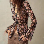 Women Button Down Floral Shirts 2025 Fall Trendy Long Sleeve V Neck Ruched Fitted Blouse Tops