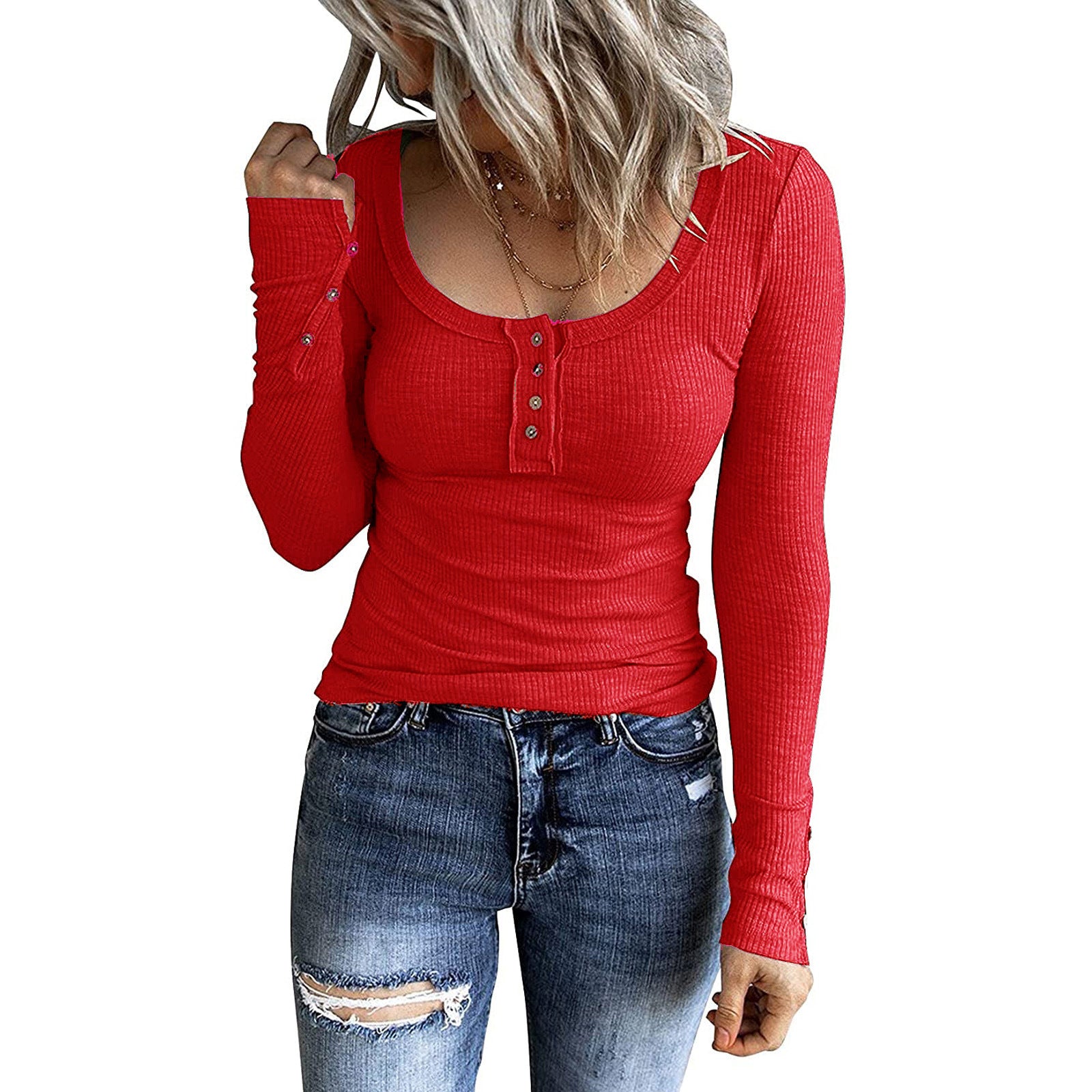 Women's Button Vest Color V-neck Long Sleeve Top