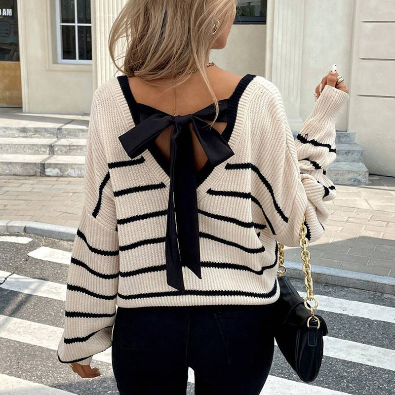 Women's Elegant Striped V-Neck Sweater, Back Tie Bow Detail Loose Fit Pullover For Spring And Fall