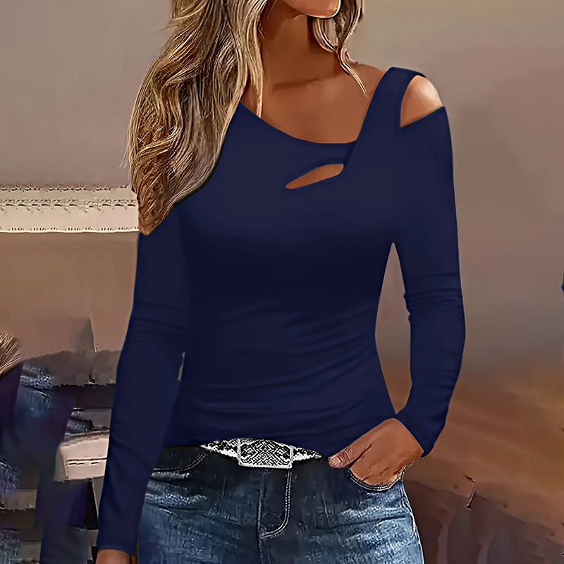 Women's Cut Out Off Shoulder Top - Long Sleeve Plain Tee For Holiday, Spring & Autumn