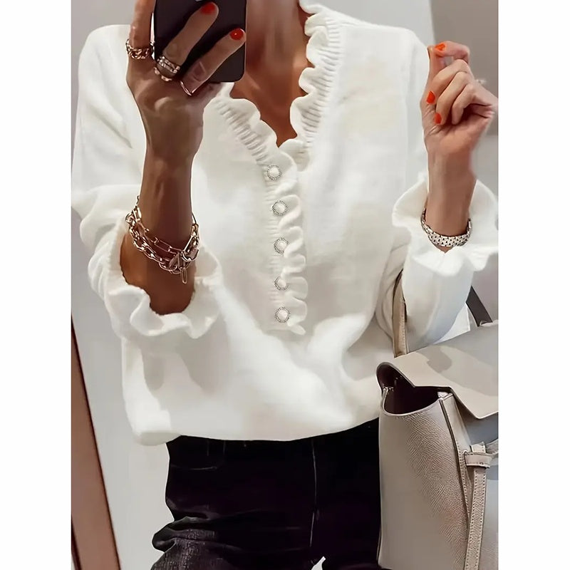 Women's Long Sleeve Ruffle Sweaters V Neck Lightweight Knitted Pullover Sweater Tops