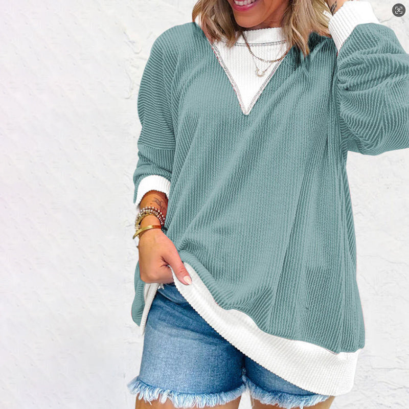 Women's Color Block Pullover - Casual Crewneck Long Sleeve Sweatshirt, Cute Loose Fit Top