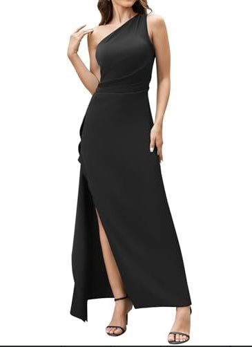 Slim-fit Solid Color One-shoulder Pleated Split Satin Dress
