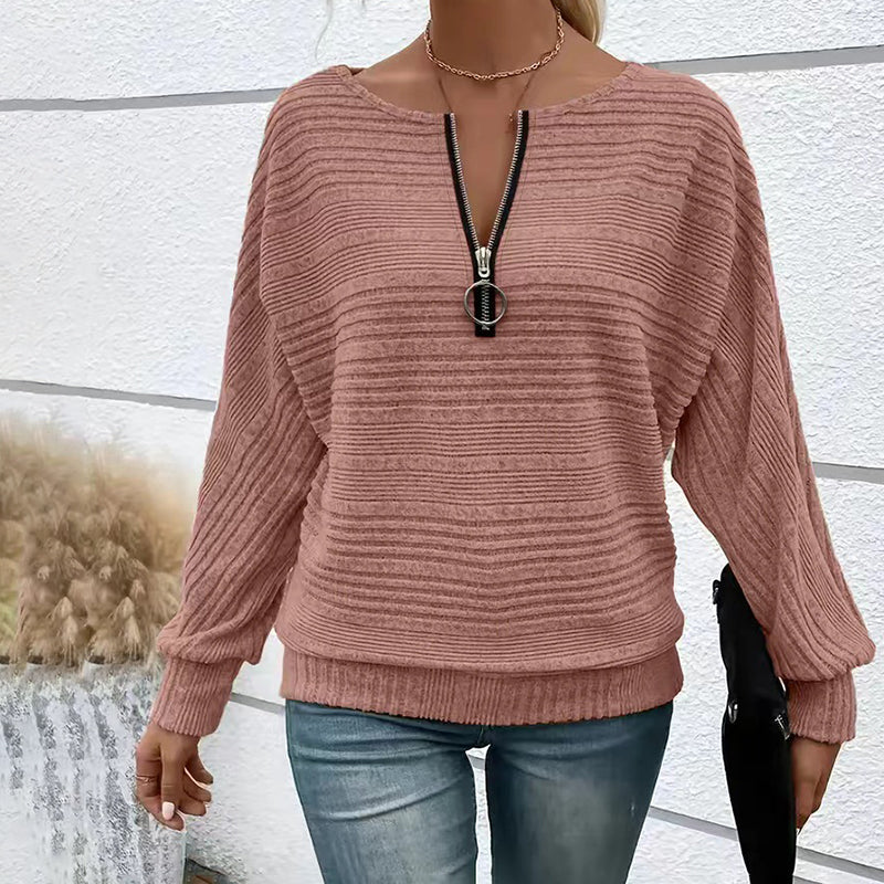 Women's Elegant Batwing Sleeve Half-Zip Top, Ribbed Texture Pullover For Casual To Formal Autumn Winter Wear