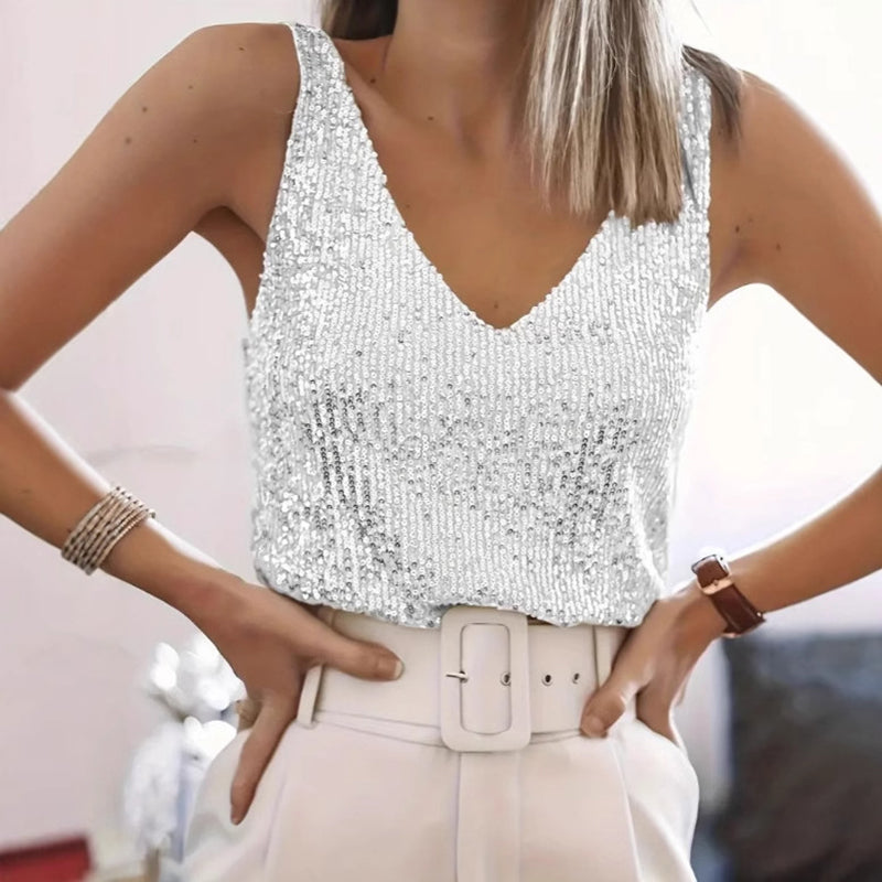 Women's Solid Color Sequin Sleeveless Top, V-Neck Sparkling Party Blouse For Casual And Evening Wear