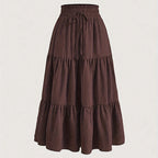 Women's Solid Color High-Waist Knot Detail Flowy Pleated Midi Skirt - Elegant A-Line Skirt For Spring Summer