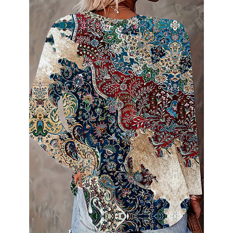 Women's Floral Print Long Sleeve Shirt Casual Round Tunic Blouse Top