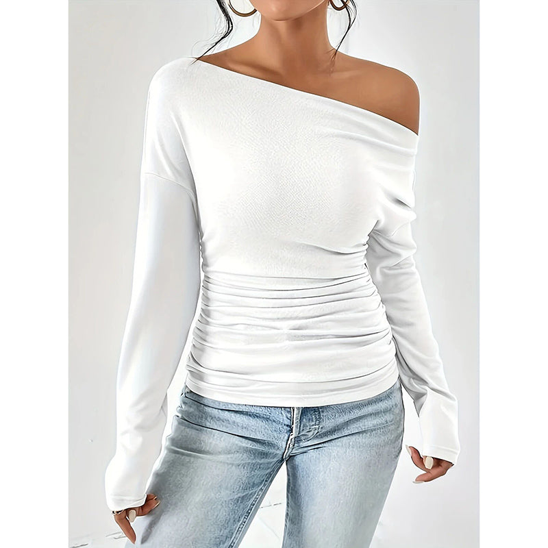 Women's Off The Shoulder Tops Long Sleeve T Shirts Going Out Tops Casual Trendy Ruched Slim Fitted Tees