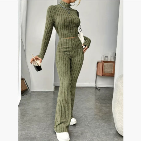 Long Sleeve Turtlenecks Wide Leg High Waist Trousers Suit