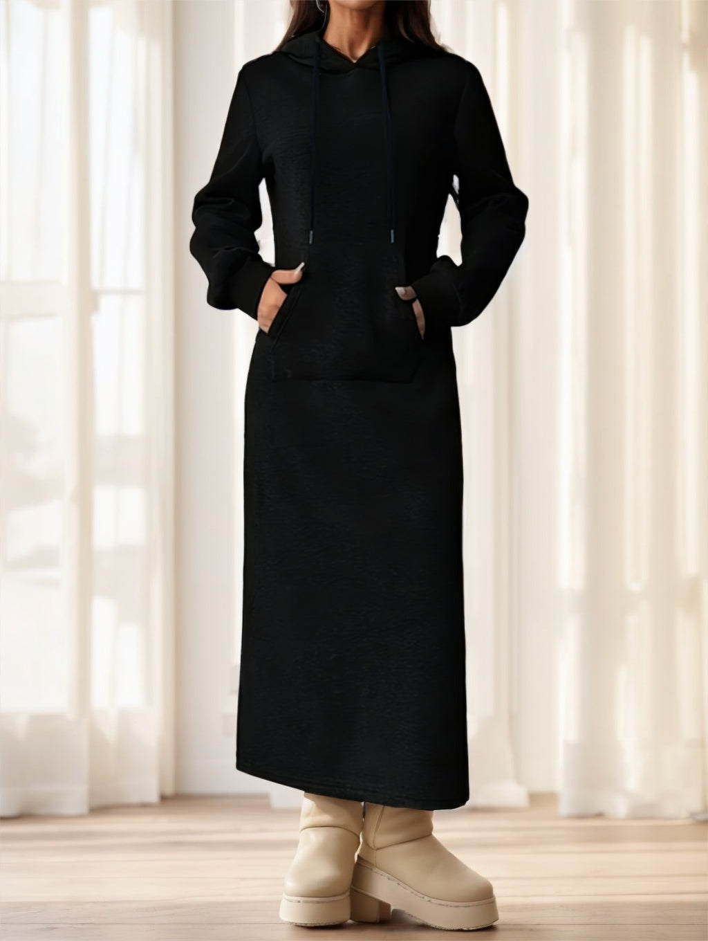 Solid Color Long Sleeved Drawstring Hoodie With Pockets