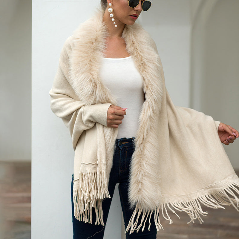 Women's Faux Fur Trim Cardigan Coat - Fringe Hem Layer Poncho For Fall & Winter